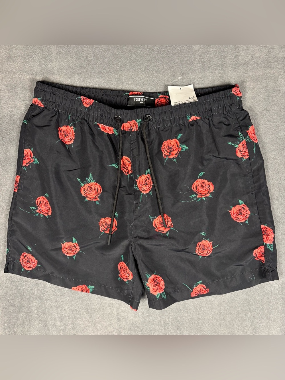 NWT Forever 21 Mens Swim Trunks Large Black Red Rose Floral Swim Shorts
